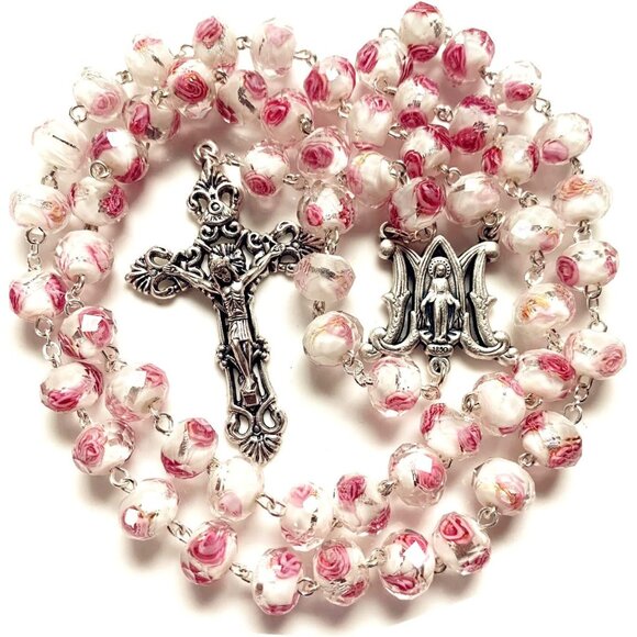 Rose Pink Veluriyam Rosary Beads Catholic Necklace Gift Box - Picture 1 of 9